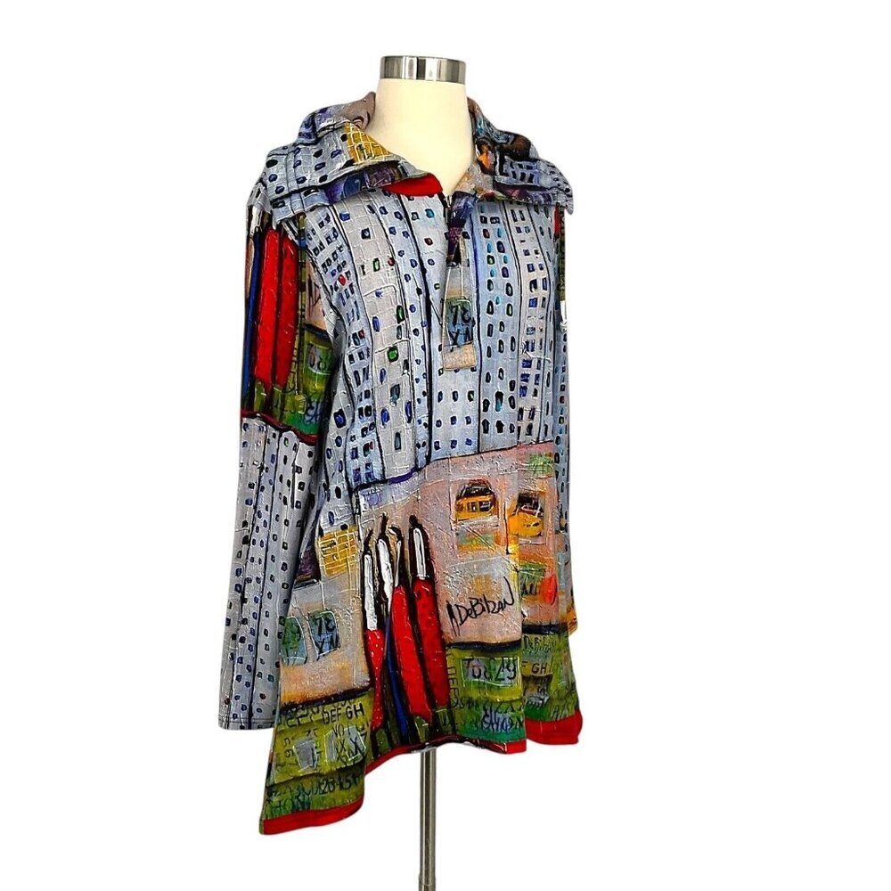 Ubu Size L Tunic Long Sleeve Landscape City Collared Multicolor Bamboo - Picture 2 of 11